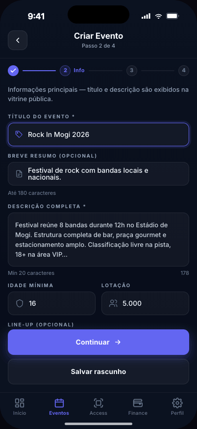 Tela de criação de evento no app Pulse para produtores