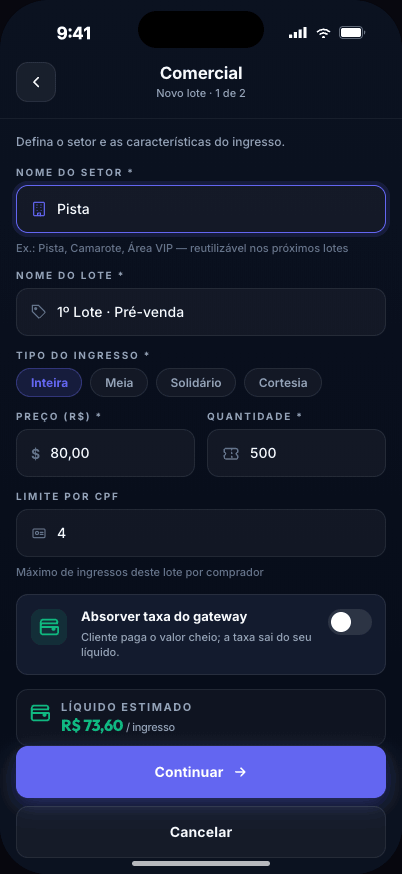 Passo 2: Monte lotes, setores e camarotes — tela do app Pulse para produtores